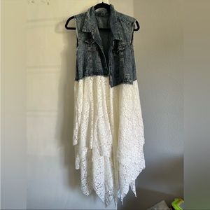 Denim Style Vest With White Lace Bottom (No Sleeves)